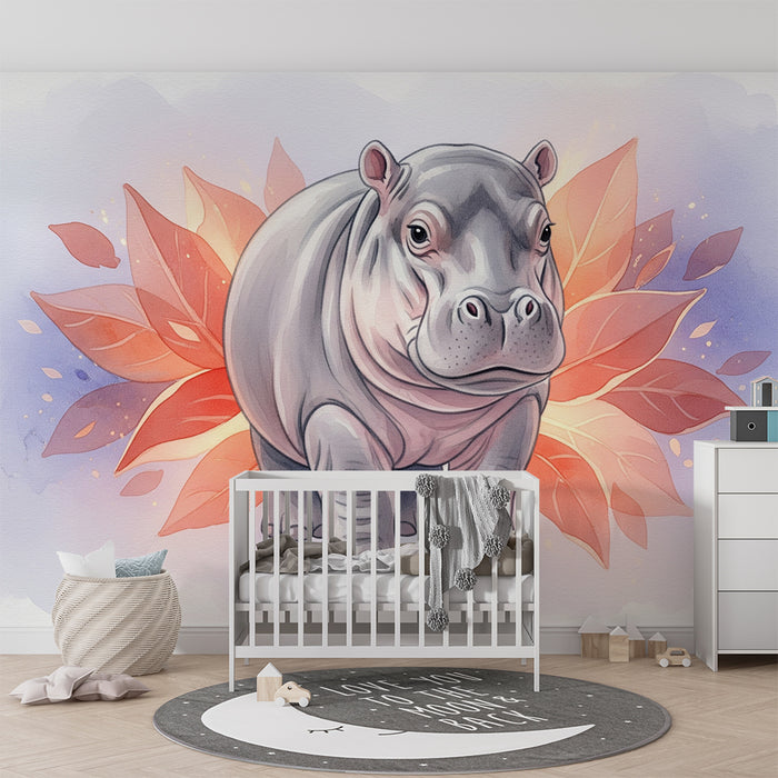 Kinderzimmer Tapete | Geliebtes Nilpferd in einer Blumendekoration