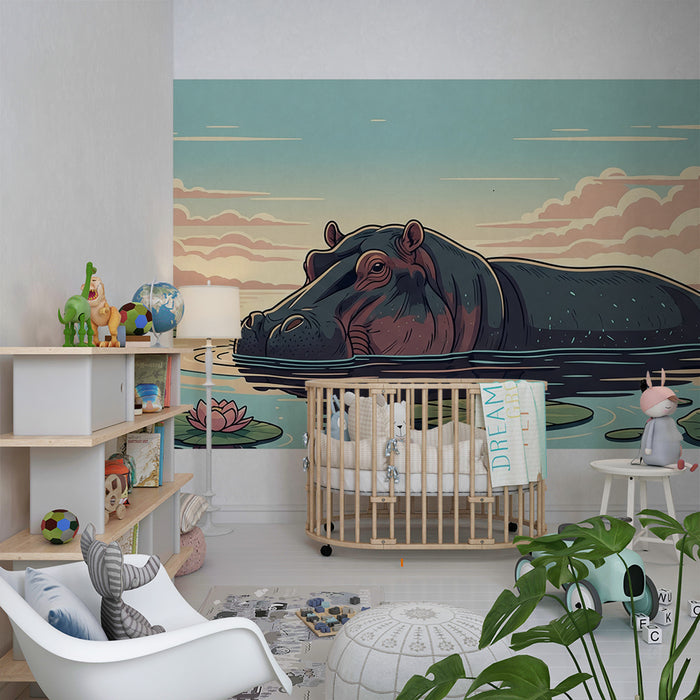 Barneveggtapet | Flodhest i et vannlandskap