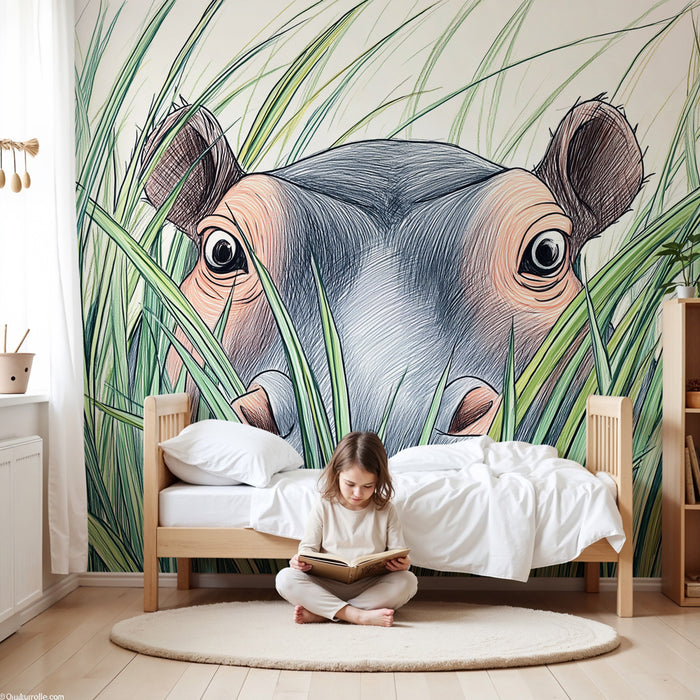 Papier peint chambre enfant | Hippopotame curieux dans la savane