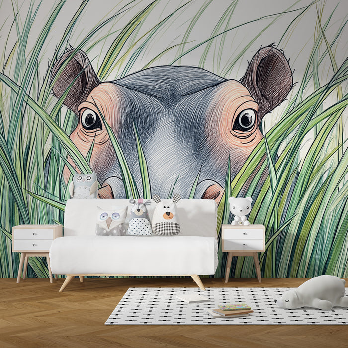 Papier peint chambre enfant | Hippopotame curieux dans la savane