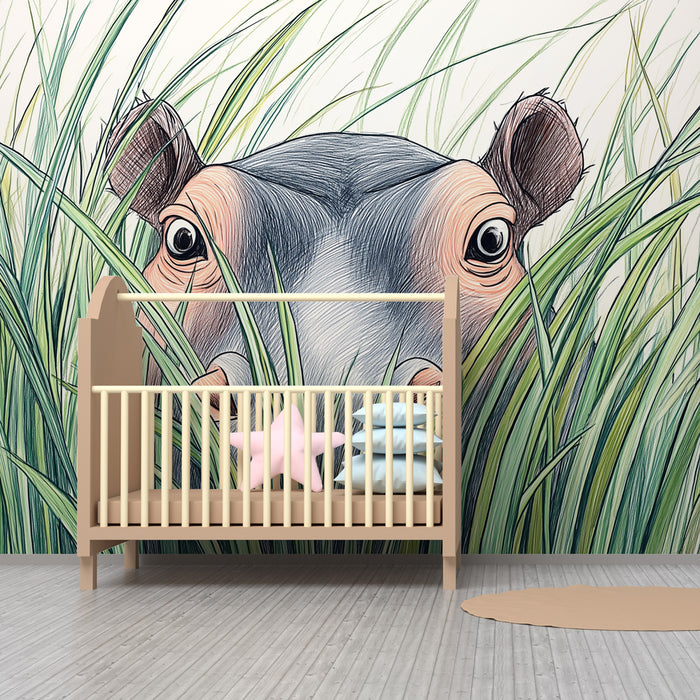Papier peint chambre enfant | Hippopotame curieux dans la savane