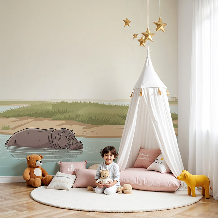 Kinderzimmer-Tapete | Nilpferd in afrikanischer Landschaft
