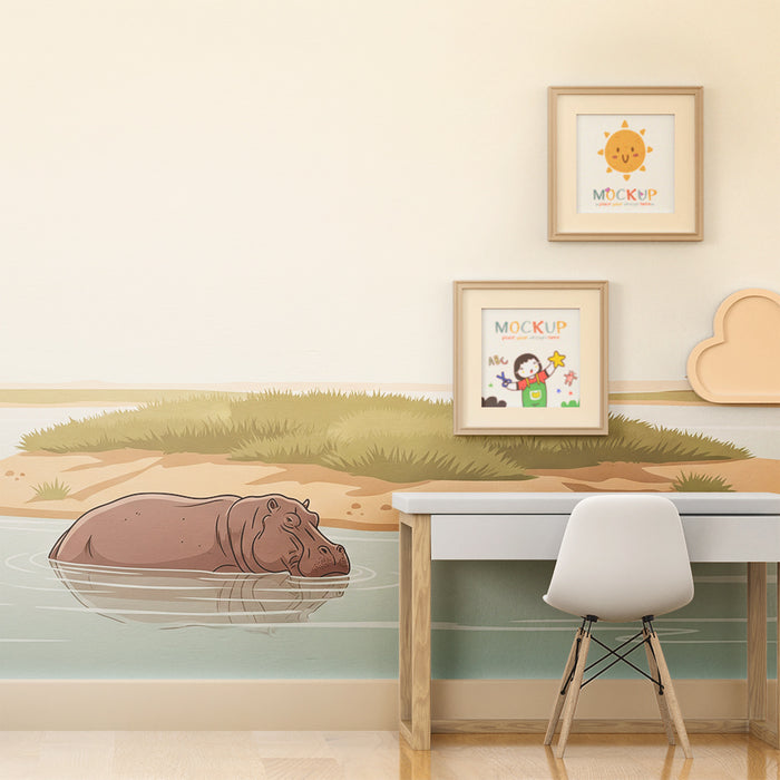 Kinderzimmer-Tapete | Nilpferd in afrikanischer Landschaft