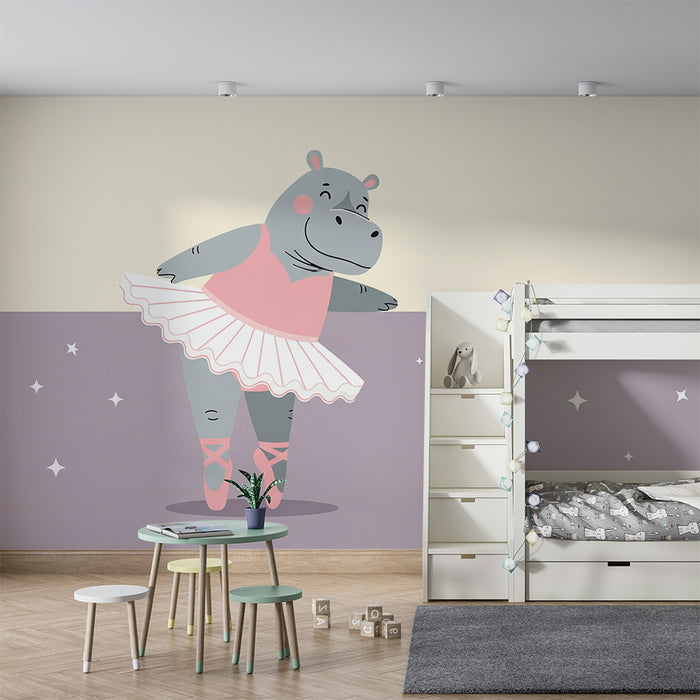 Papel de parede para quarto de criança | Hipopótamo bailarino de tutu sobre fundo estrelado