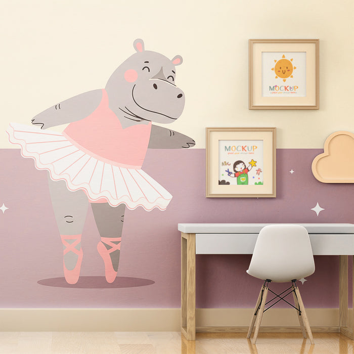 Papel de parede para quarto de criança | Hipopótamo bailarino de tutu sobre fundo estrelado