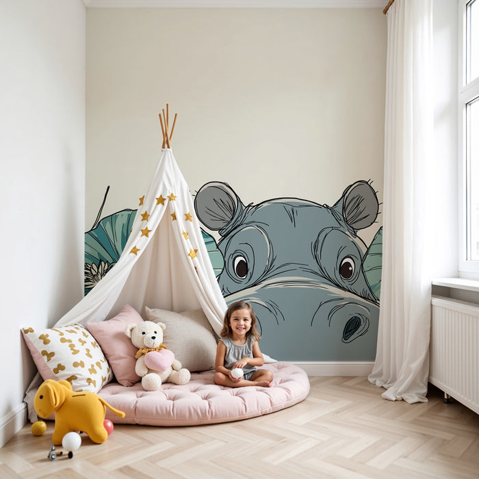Papier peint chambre enfant | Hippopotame espiègle et nénuphars