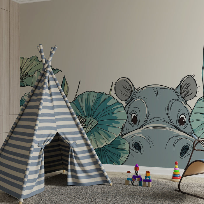Papier peint chambre enfant | Hippopotame espiègle et nénuphars