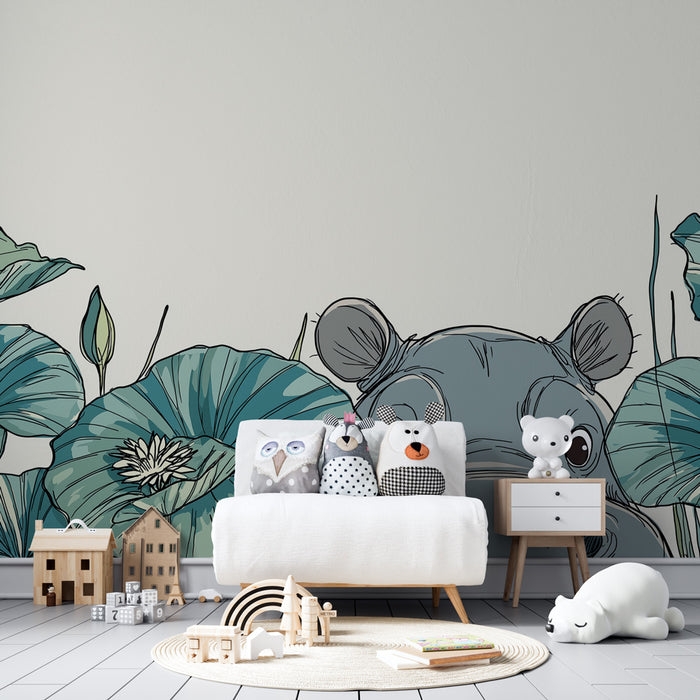 Papier peint chambre enfant | Hippopotame espiègle et nénuphars
