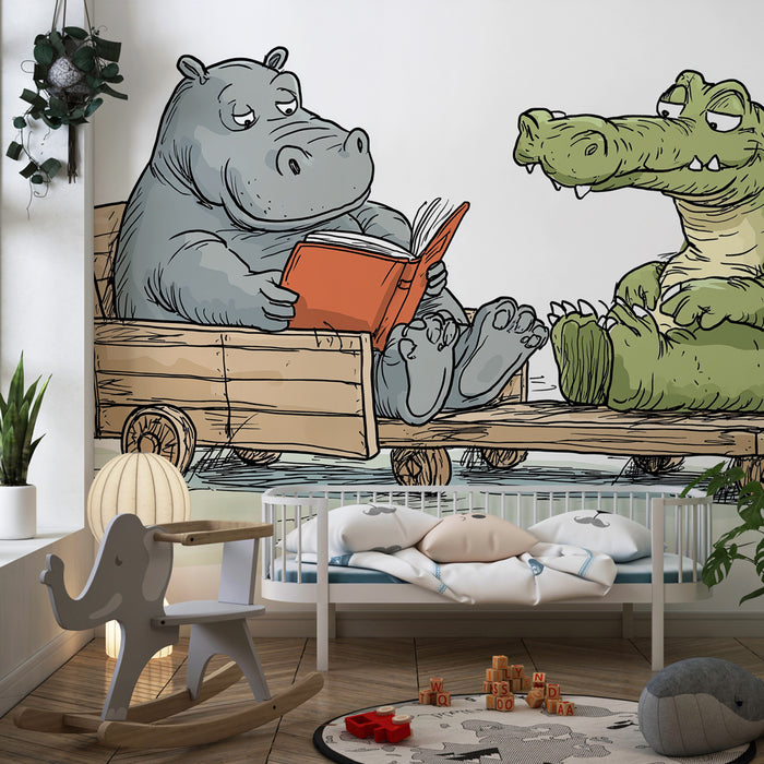 Tapeta dětského pokoje | Hippopotamus a krokodýl čtenáři