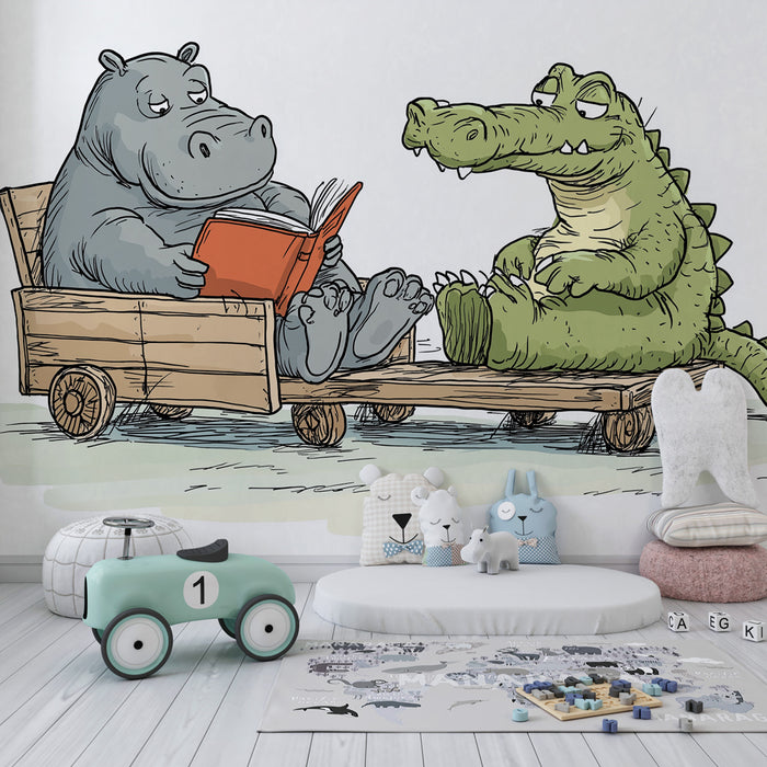 Tapeta dětského pokoje | Hippopotamus a krokodýl čtenáři