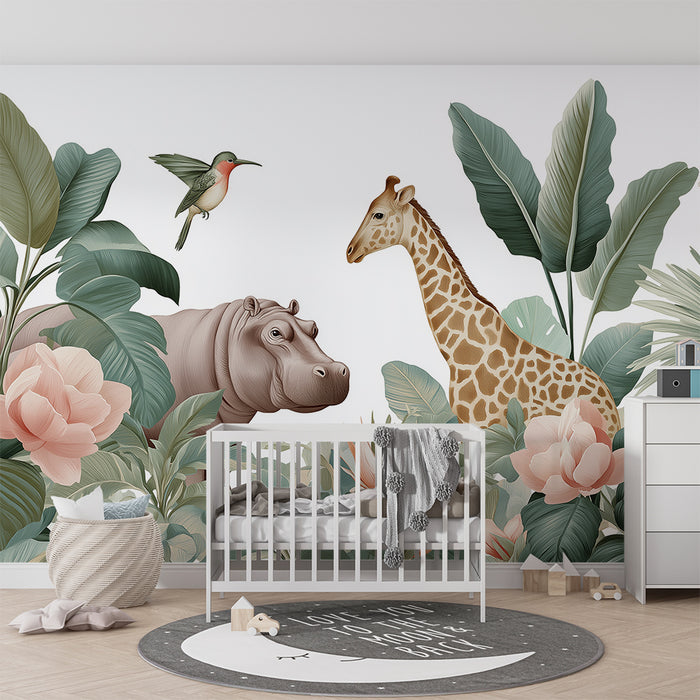 Tapet barnerom | Flodhest og giraff midt i den blomstrende jungelen