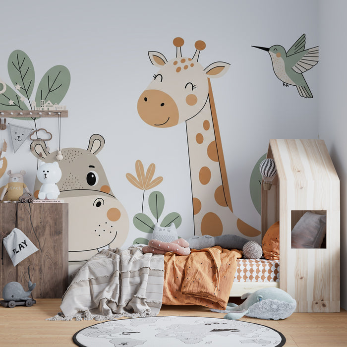 Papier peint chambre enfant | Hippopotame et girafe joyeux dans la nature