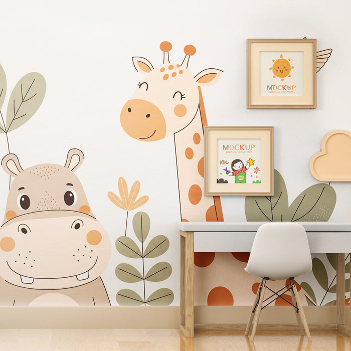 Papier peint chambre enfant | Hippopotame et girafe joyeux dans la nature