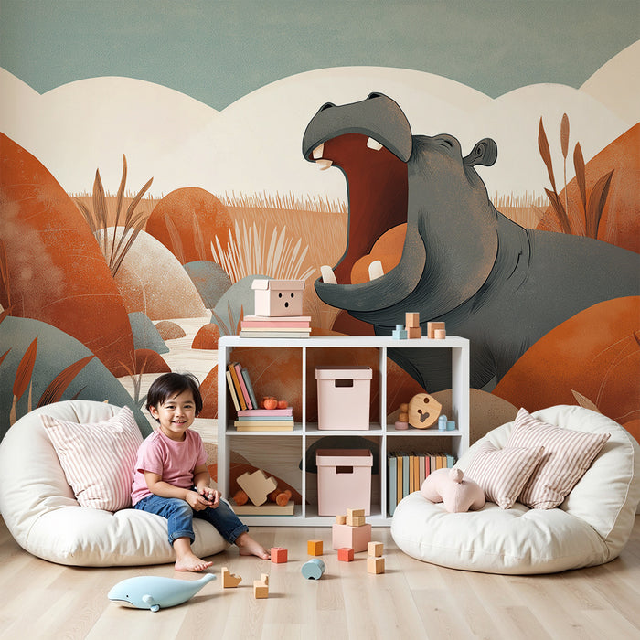 Kinderzimmer Tapete | Fröhliches Nilpferd in einer bunten Landschaft