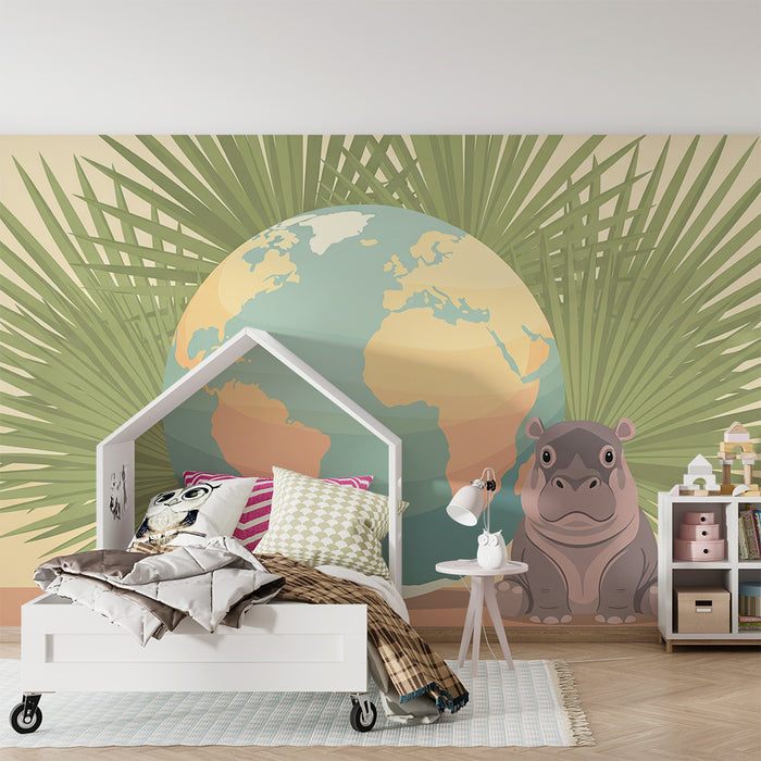 Carta da parati bambini | Ippopotamo carino e mappamondo in mezzo a palme