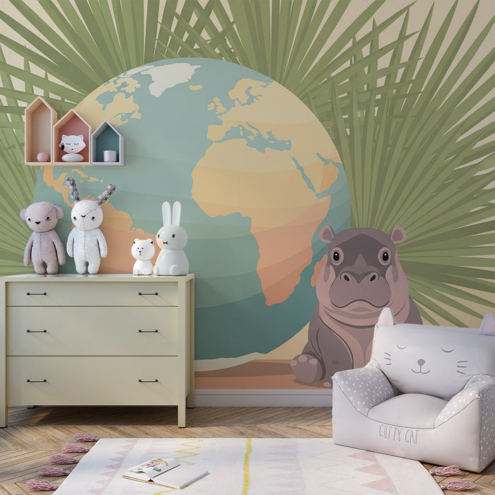 Carta da parati bambini | Ippopotamo carino e mappamondo in mezzo a palme