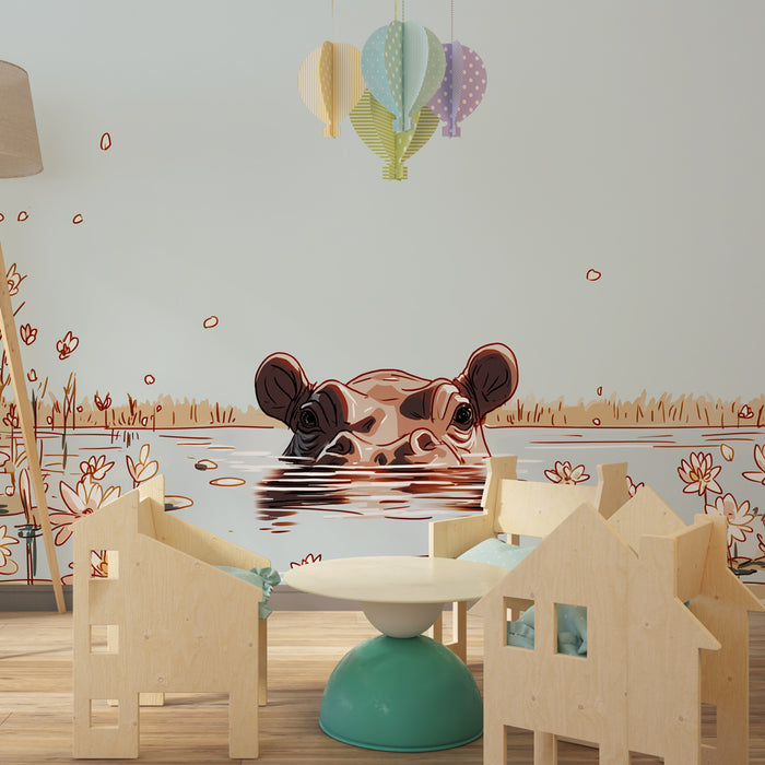 Kids room wallpaper | Peaceful hippopotamus in its aquatic habitat