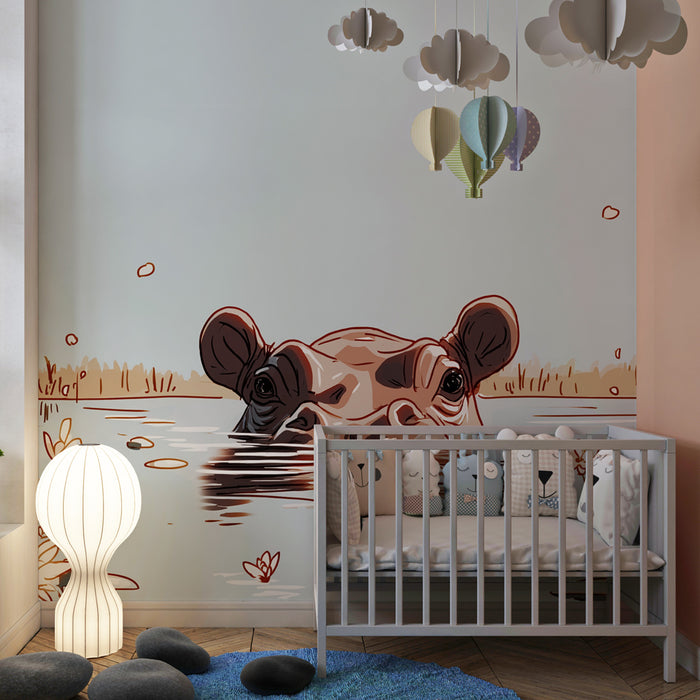 Kids room wallpaper | Peaceful hippopotamus in its aquatic habitat