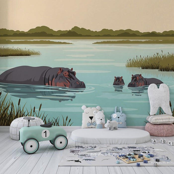 Carta da parati per cameretta dei bambini | Ippopotami nel cuore di un safari