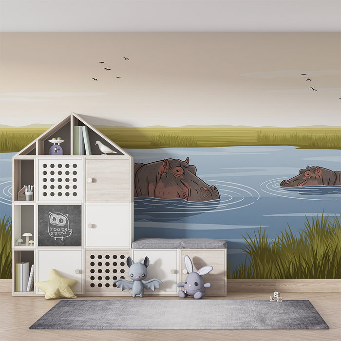 Børneværelsestapet | Flodheste i et vandmiljø