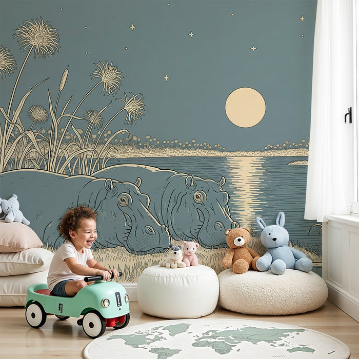 Behang kinderkamer | Duo nijlpaarden in kleur onder de maan