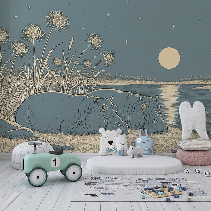 Behang kinderkamer | Duo nijlpaarden in kleur onder de maan