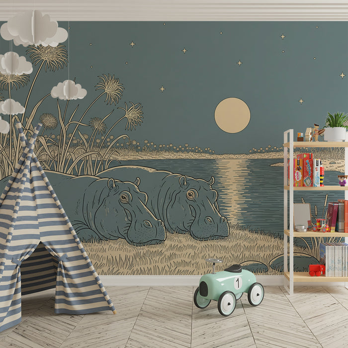 Behang kinderkamer | Duo nijlpaarden in kleur onder de maan