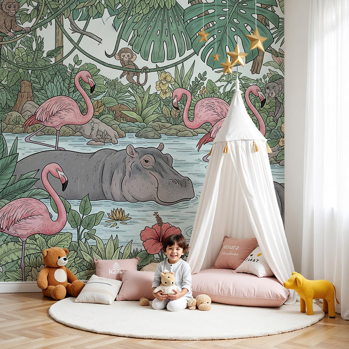Papel de parede criança | Hipopótamos e flamingos em uma selva luxuriante