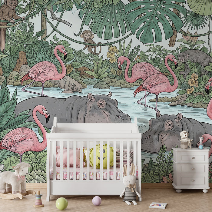 Papel de parede criança | Hipopótamos e flamingos em uma selva luxuriante