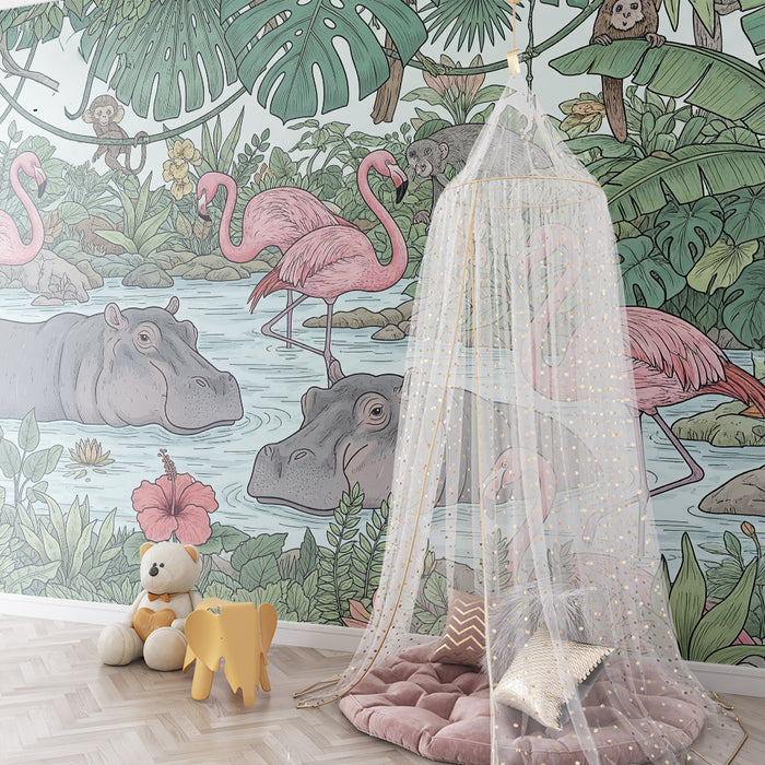 Papel de parede criança | Hipopótamos e flamingos em uma selva luxuriante