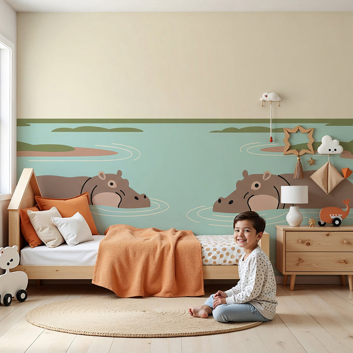 Carta da parati per camera bambini | Ippopotami giocosi in un paesaggio acquatico