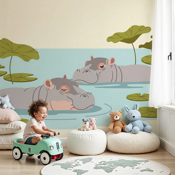 Children's bedroom wallpaper | Peaceful hippos in a calm pond