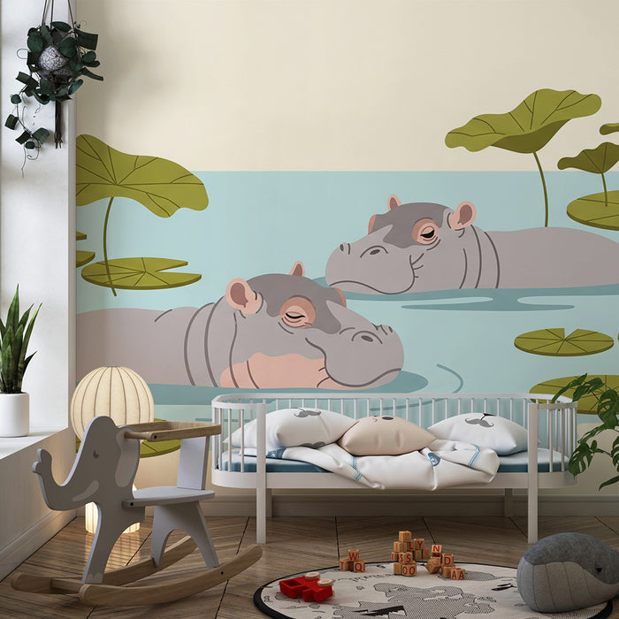 Children's bedroom wallpaper | Peaceful hippos in a calm pond
