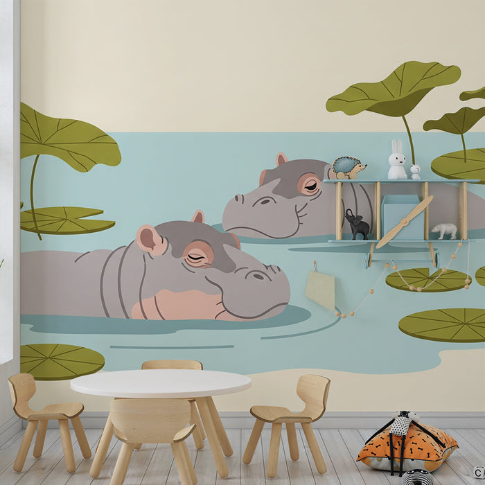 Children's bedroom wallpaper | Peaceful hippos in a calm pond