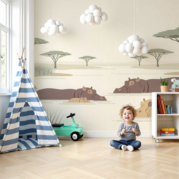 Tapete Kinderzimmer | Friedliche Nilpferde in einer ruhigen Landschaft