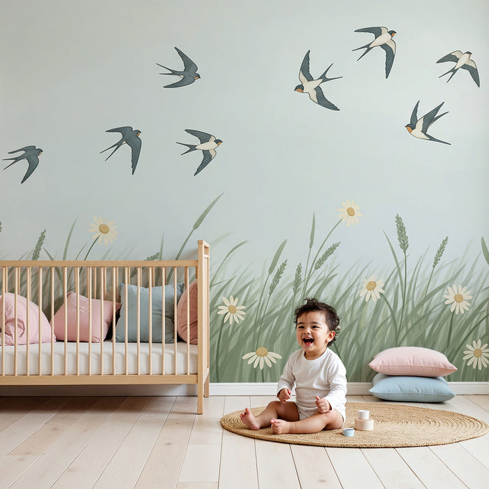 Kinderzimmer Tapete | Fliegende Schwalben über einem Blumenfeld