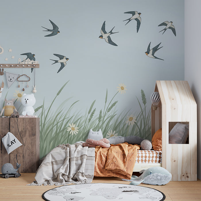 Kinderzimmer Tapete | Fliegende Schwalben über einem Blumenfeld