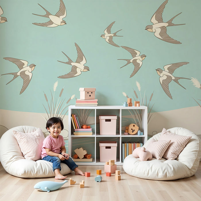 Children's bedroom wallpaper | Swallows in flight over a peaceful stream