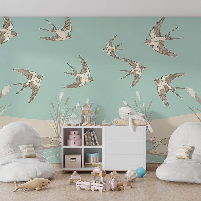 Children's bedroom wallpaper | Swallows in flight over a peaceful stream