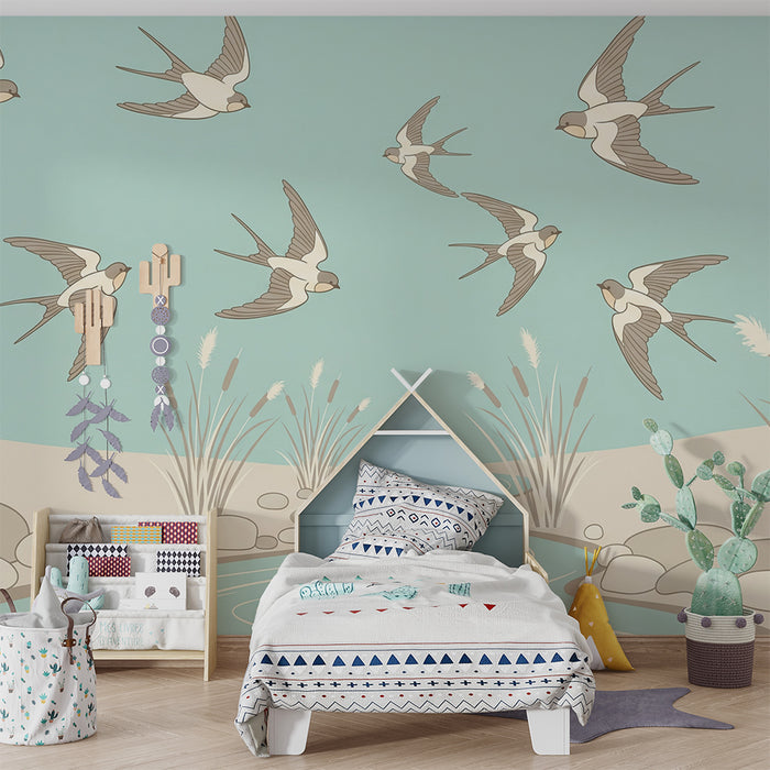 Children's bedroom wallpaper | Swallows in flight over a peaceful stream