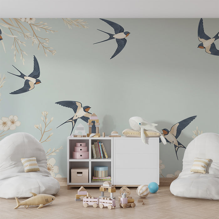 Hârtie de perete pentru camera copiilor | Rândunele în zbor printre flori delicate