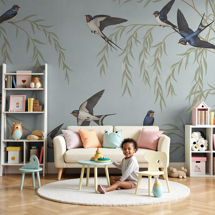 Children's bedroom wallpaper | Swallows in flight among willow branches