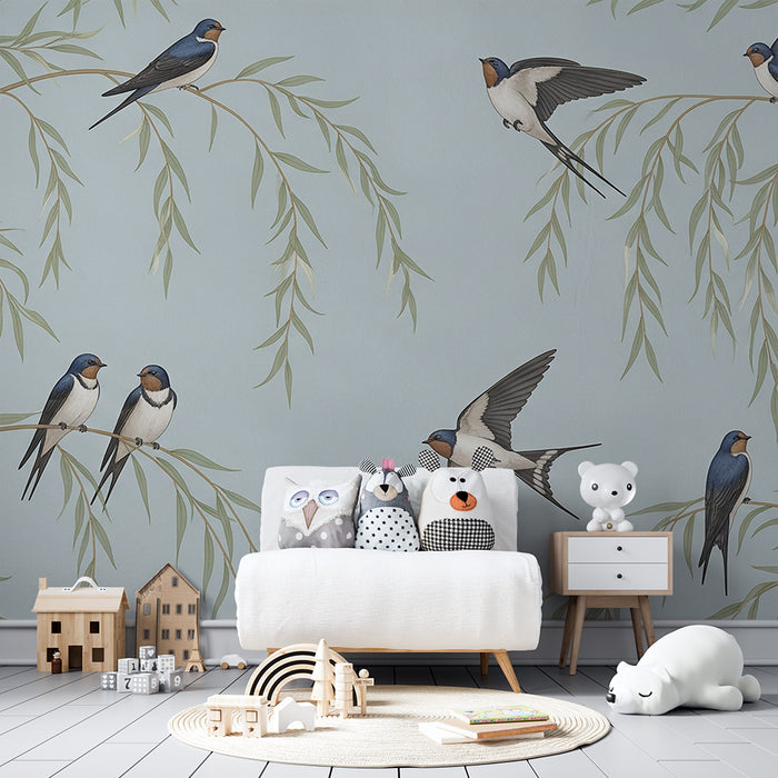Children's bedroom wallpaper | Swallows in flight among willow branches