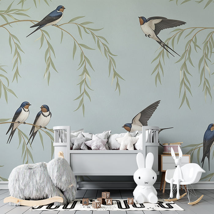 Children's bedroom wallpaper | Swallows in flight among willow branches