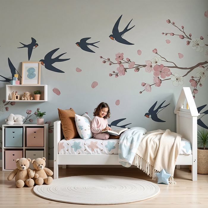 Papel de parede para quarto infantil | Andorinhas a voar entre as cerejeiras em flor