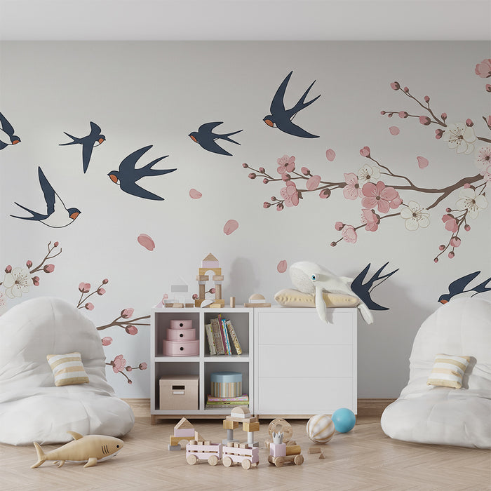 Papel de parede para quarto infantil | Andorinhas a voar entre as cerejeiras em flor