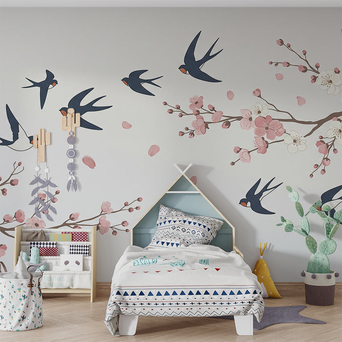 Papel de parede para quarto infantil | Andorinhas a voar entre as cerejeiras em flor