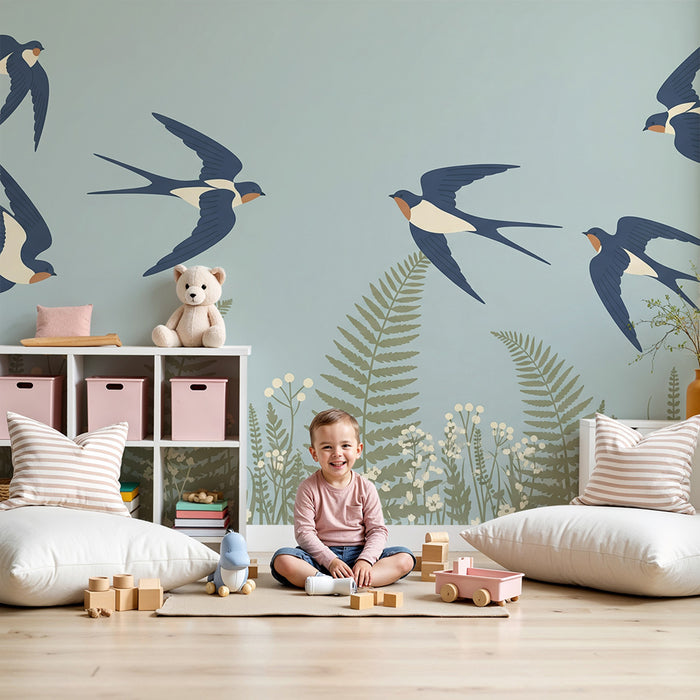 Carta da parati per camera bambini | Rondini in volo tra felci e fiori delicati