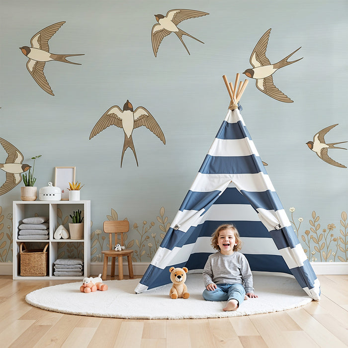 Papier peint chambre enfant | Hirondelles en vol sur fond bleu avec fleurs délicates
