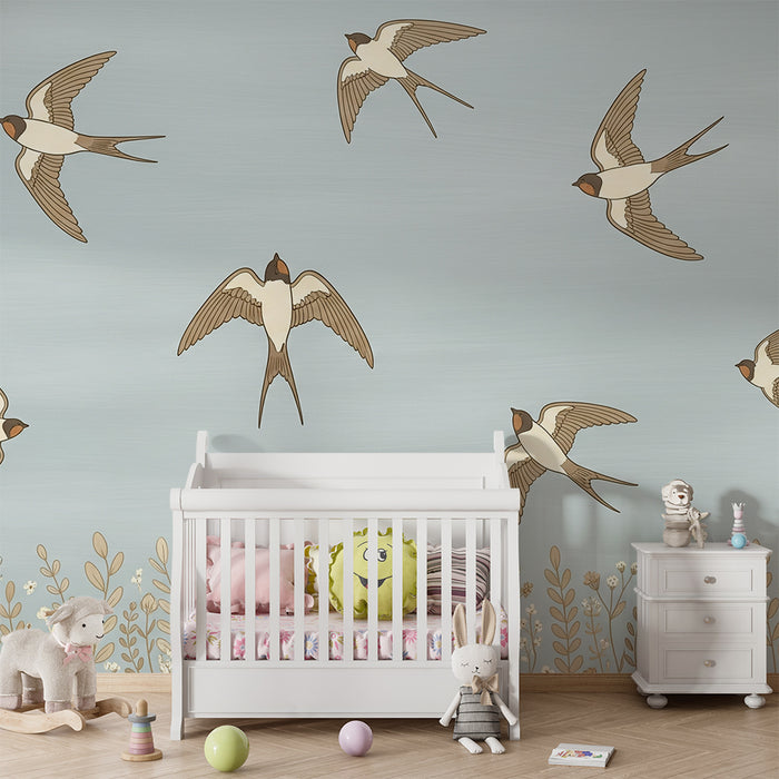 Papier peint chambre enfant | Hirondelles en vol sur fond bleu avec fleurs délicates